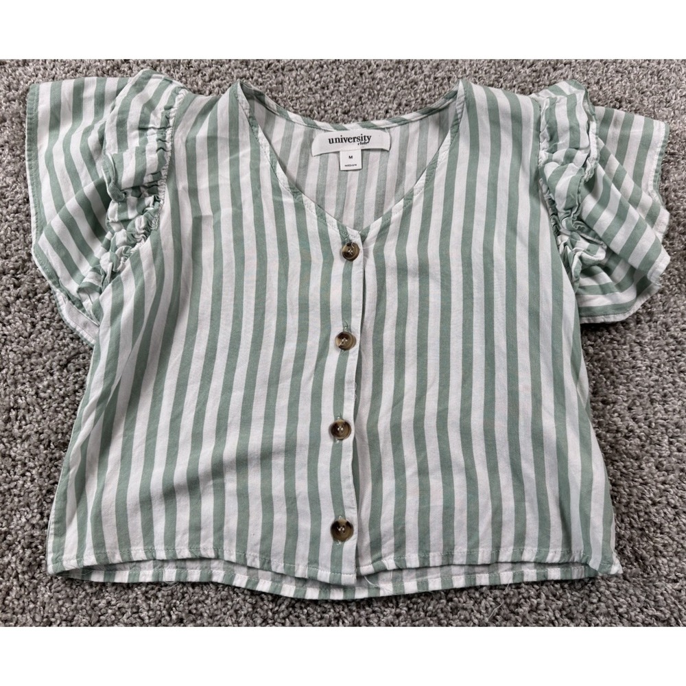 University Club Girls Button Up Striped Blouse Sage White‎ Medium